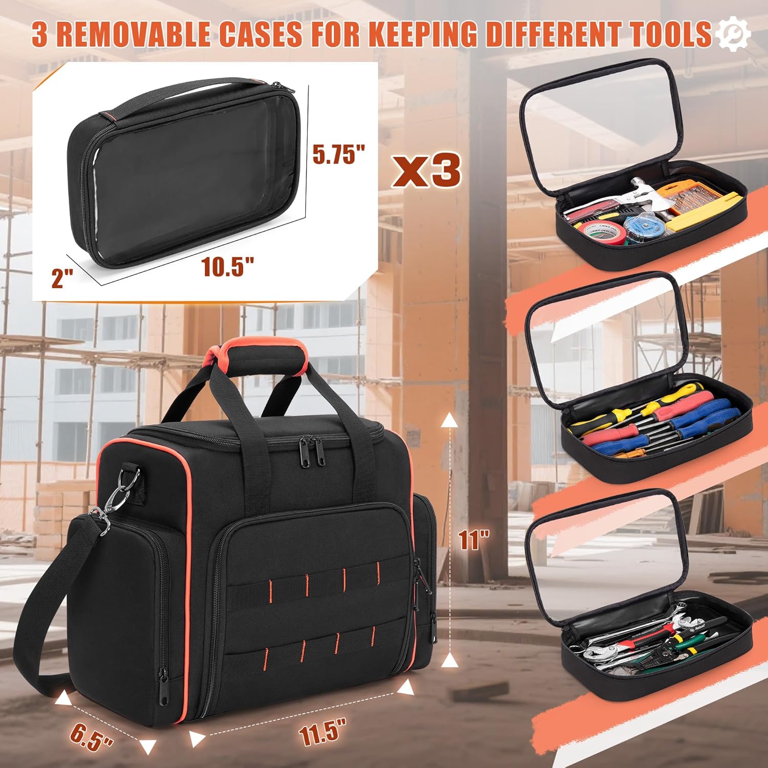 Tool Bag with 3 Removable Cases, 2 Layers Tool Tote for Hand Tools, Black with Red Binding
