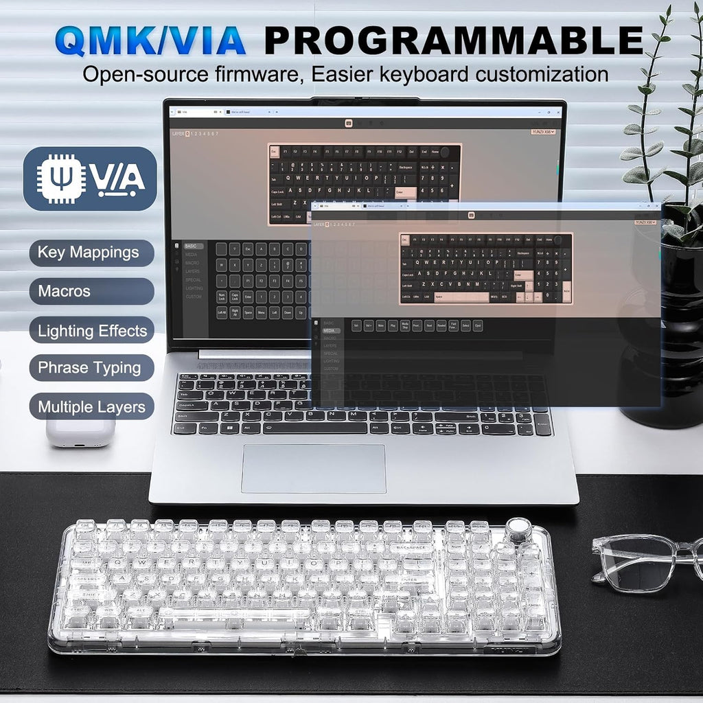 X98 Wireless Mechanical Keyboard with Knob (White, Crystal Switch) | BT5.0/USB-C/2.4GHz,1800 Layout with Number