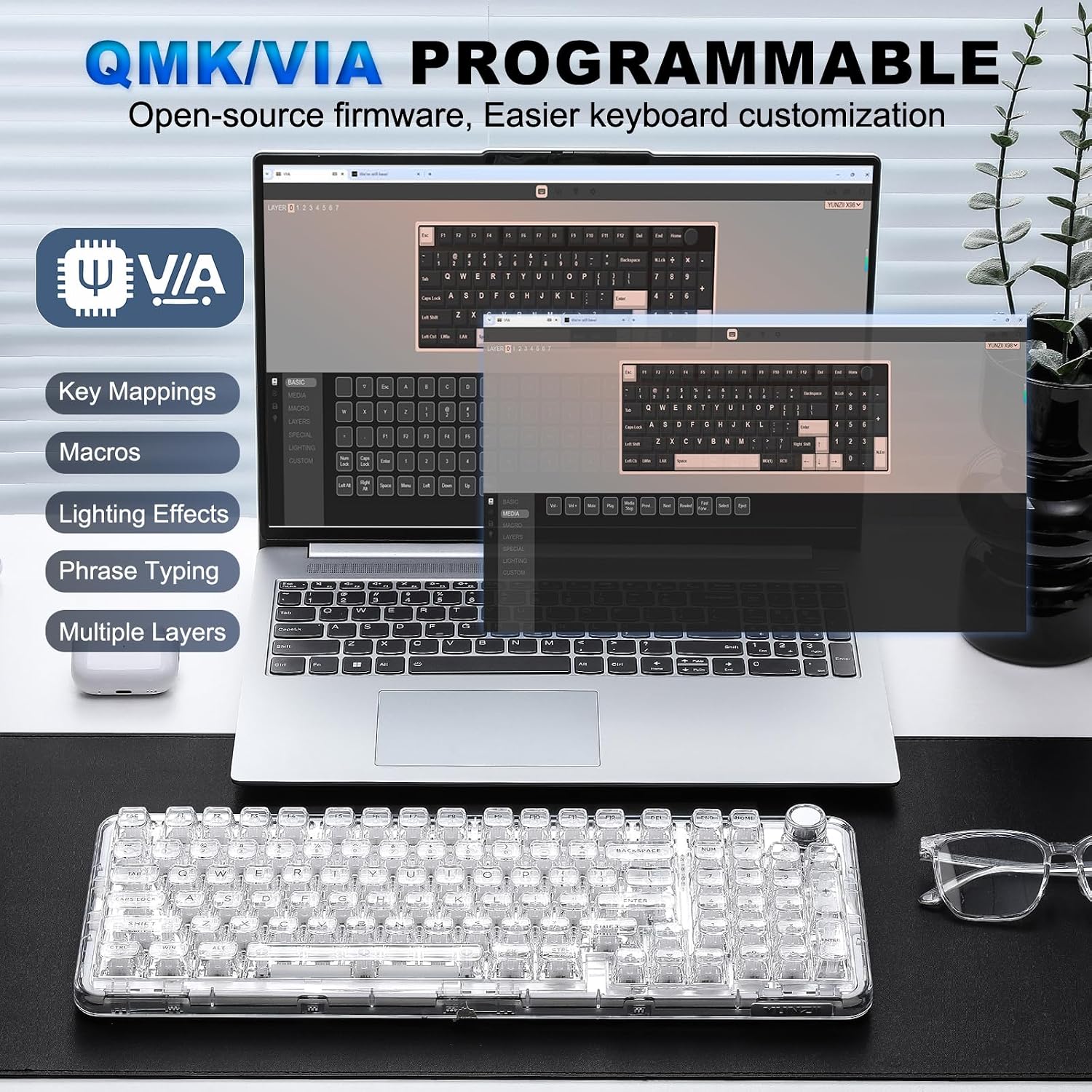 X98 Wireless Mechanical Keyboard with Knob (White, Crystal Switch) | BT5.0/USB-C/2.4GHz,1800 Layout with Number