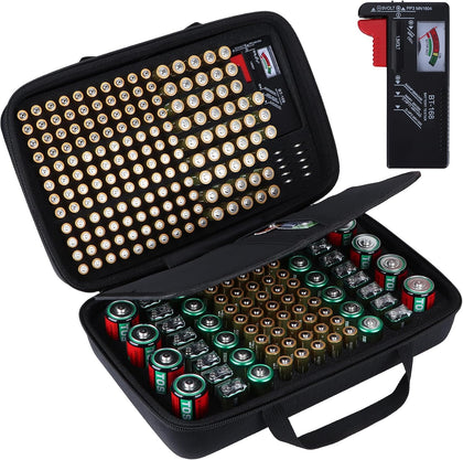 Battery Organizer Storage Case with Tester, Stores & Protects 120*AAA, 93*AA, 12*C, 16 * 9V, 8*D, 10*Coin Cell