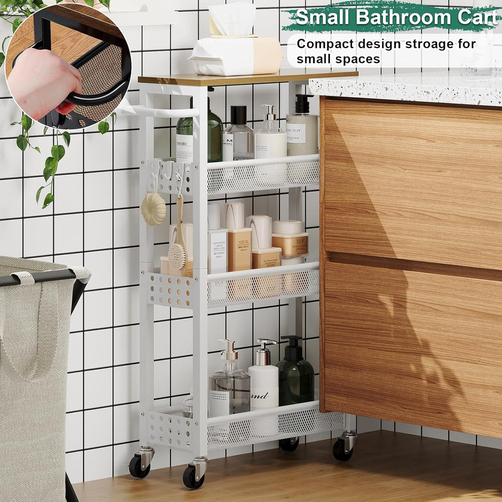 Utility Slim Rolling Cart with Table Top, Narrow Laundry Room Organization and Storage Shelves for Between Washer and