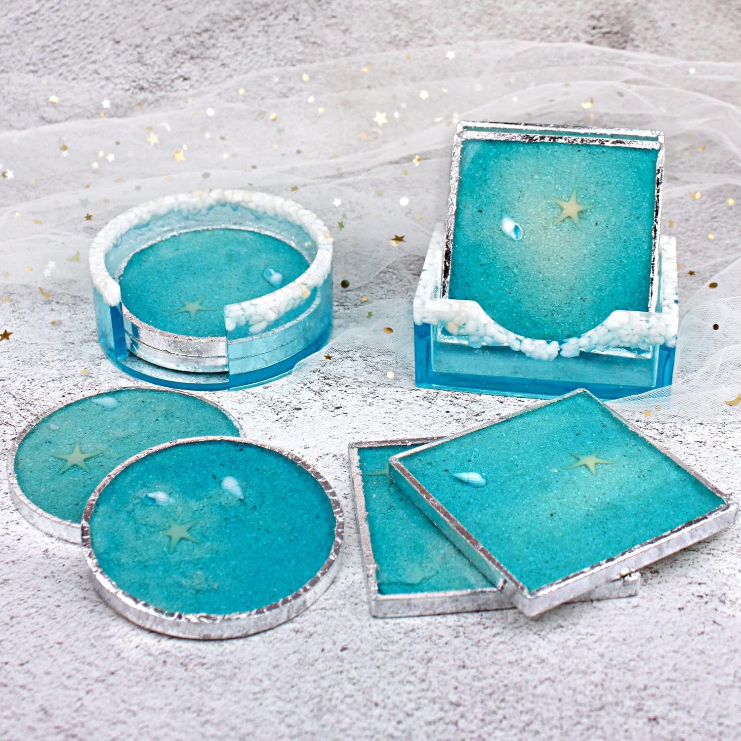 Resin Coaster Molds Set, Upgrade 10 pcs Silicone Coaster Molds Kit Storage Box Mold for Resin Casting, Square Round