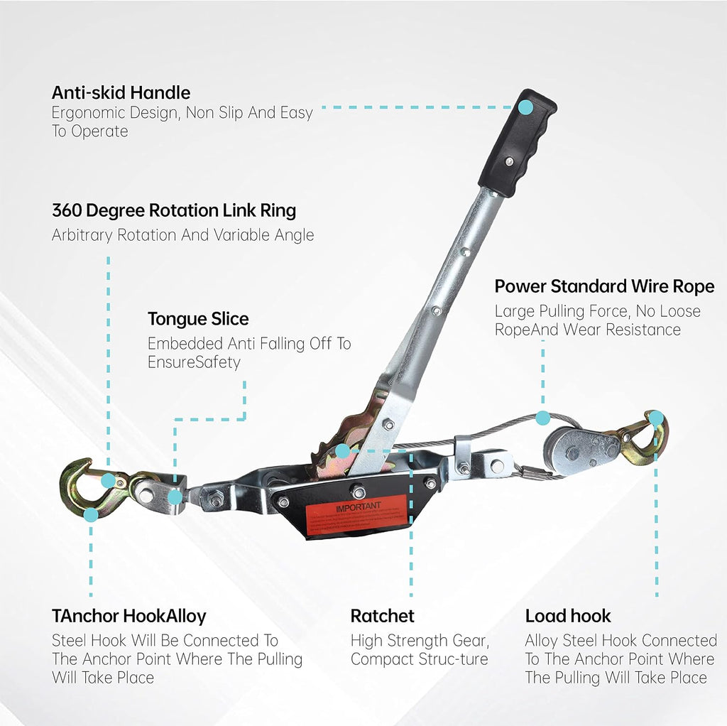 2 Ton Dual Gear Power Puller, Come Along Pulling Tool with 2 Hooks | Automotive Hoist Hand Winch Cable Puller