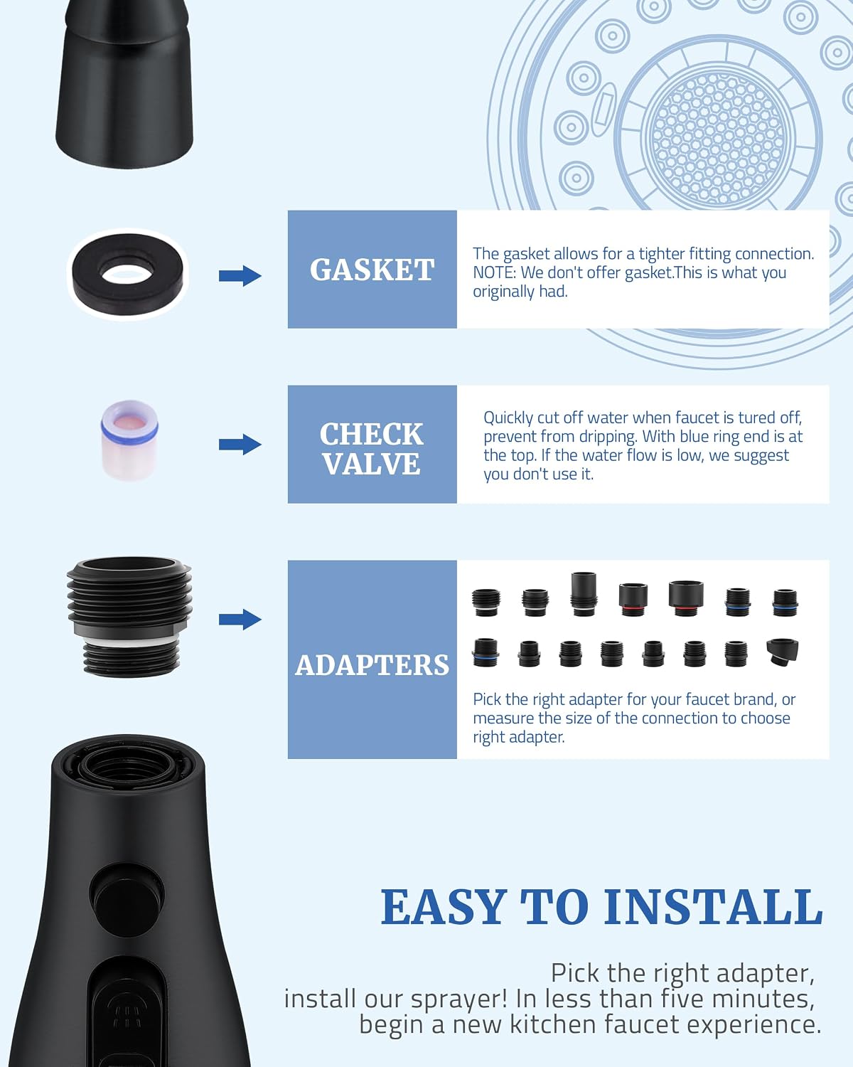 Kitchen Faucet Spray Head Replacement, Pull Down Sprayer with 15 Adapters