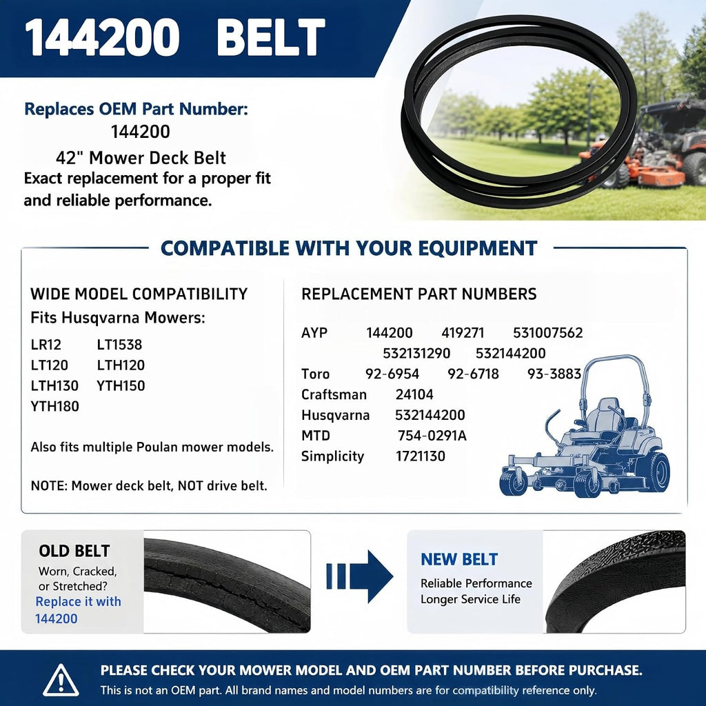 144200 Mower Deck Drive Belt, 1/2" x 88", Compatible with Craftsman | Heavy-duty replacement mower deck belt designed