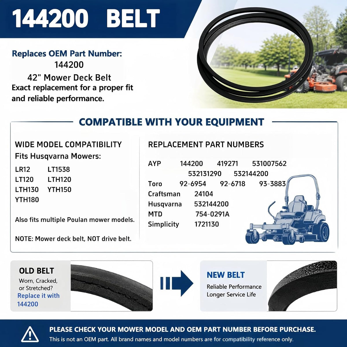 144200 Mower Deck Drive Belt, 1/2" x 88", Compatible with Craftsman | Heavy-duty replacement mower deck belt designed