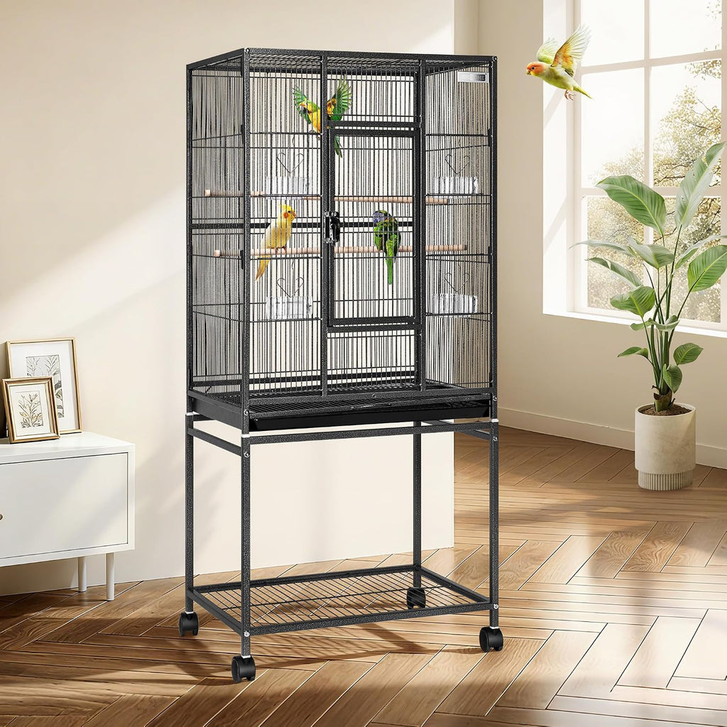 54 Inch Wrought Iron Large Bird Cage with Rolling Stand | Bird Flight Cage with Stand, Casters, Slide-out Tray for