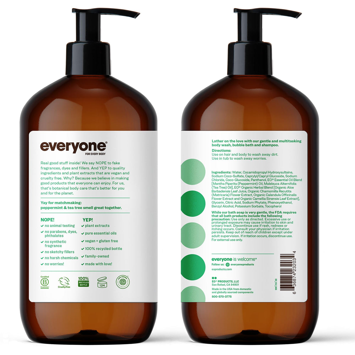 Everyone 3-in-1 Soap Body Wash Shampoo Bubble Bath Peppermint 32oz 2pk