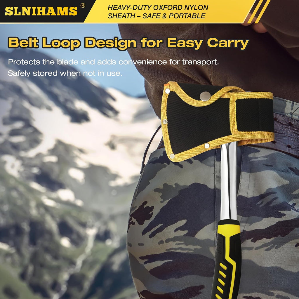 13.5" Camping Hatchet, Forged Carbon Steel Axe with Ergonomic Anti-Slip Grip & Heavy-Duty Oxford Nylon Sheath –