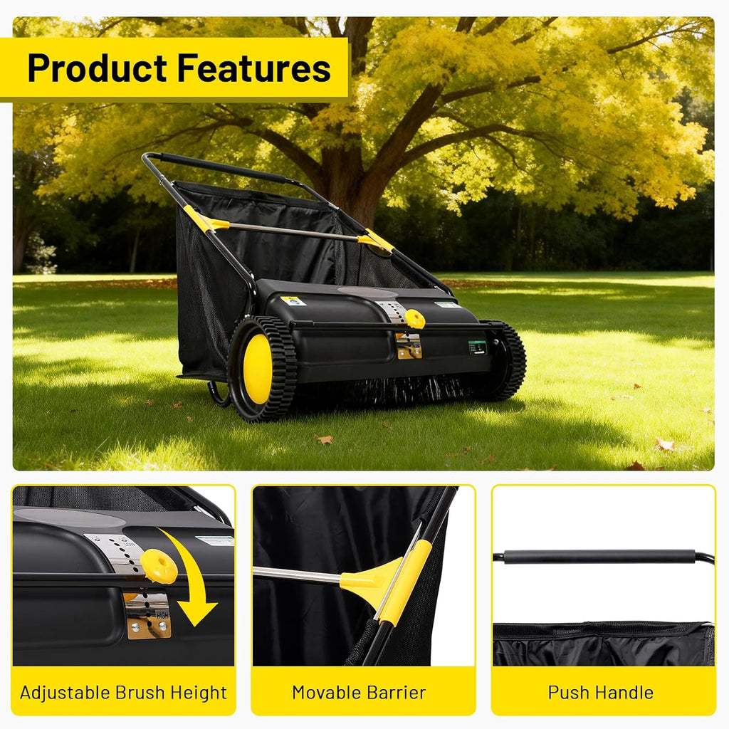 21 Inch Push Lawn Sweeper, Hand Powered Leaf & Grass Sweeper with 7 Cu Ft Hopper, 4 High-Speed Brushes, Height