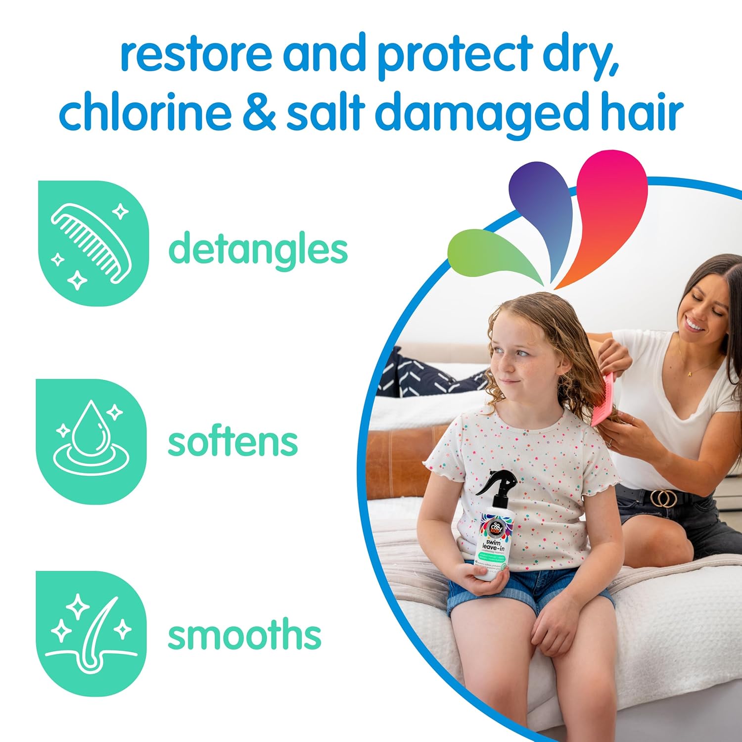 SoCozy Swim Leave In Conditioner Spray & Treatment for Kids Hair (8 Fl Oz) Protects & Repairs Pool, Sun & Salt
