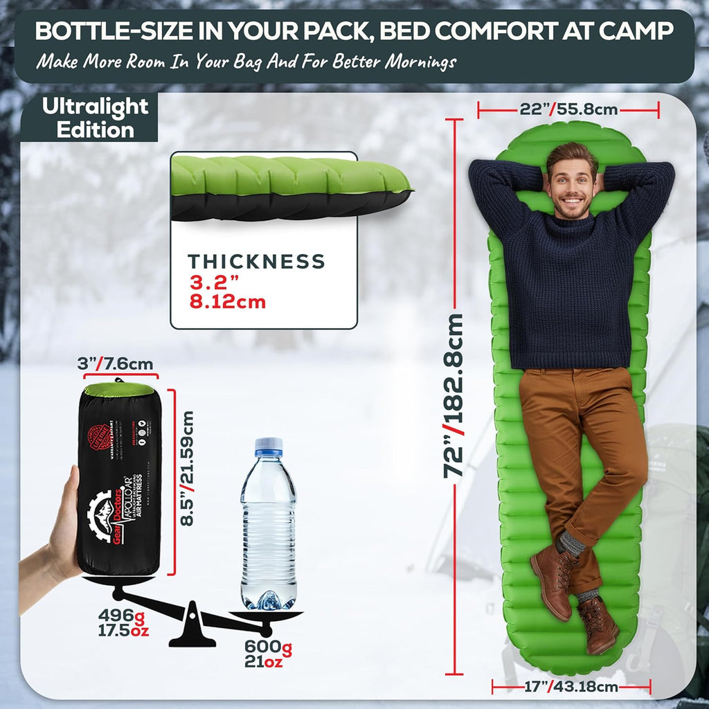 ApolloAir 5.2 R-Value [17oz] Ultralight Insulated Inflatable Camping Sleeping Pad — Backpacking Sleeping Pad— Camping