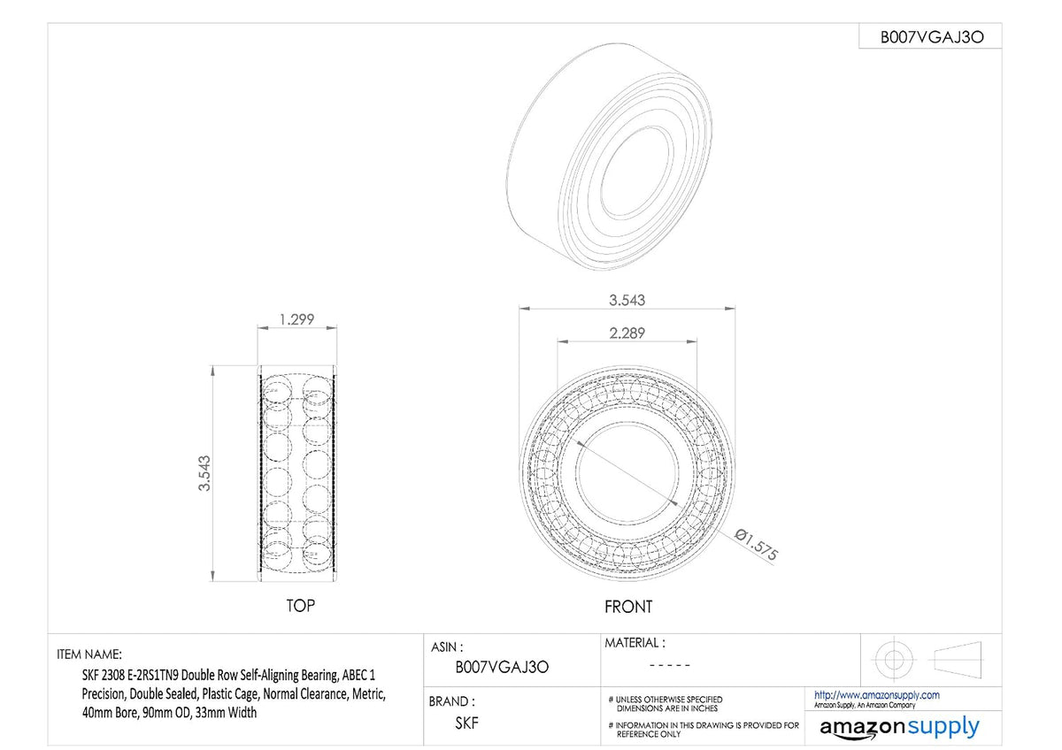 SKF 2308 E-2RS1TN9 Double Row Self-Aligning Bearing, ABEC 1 Precision, Double Sealed, Plastic Cage, Normal Clearance, Metric, 40mm Bore, 90mm OD, 33mm Width