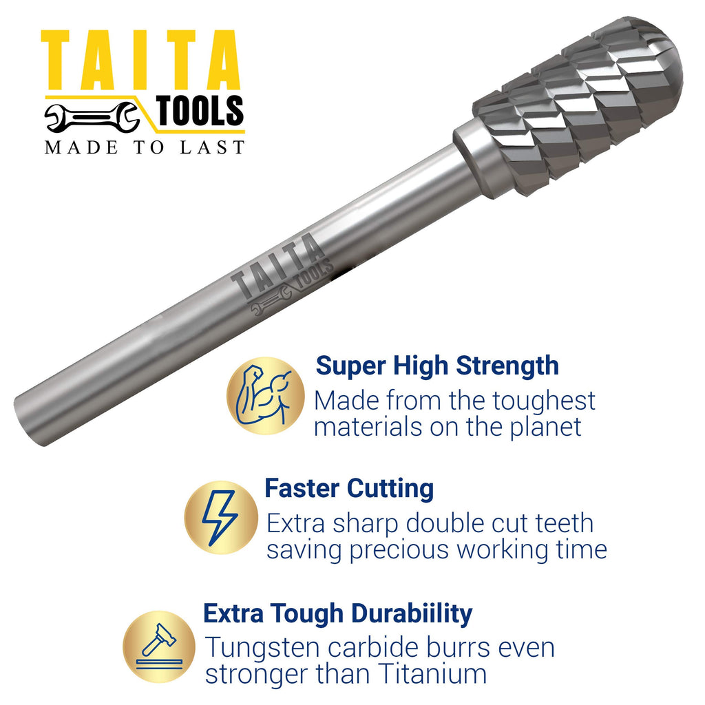 TaitaTools SF-5 Double-Cut Tungsten Carbide Burr, 1/4 in Shank, 3 Pack