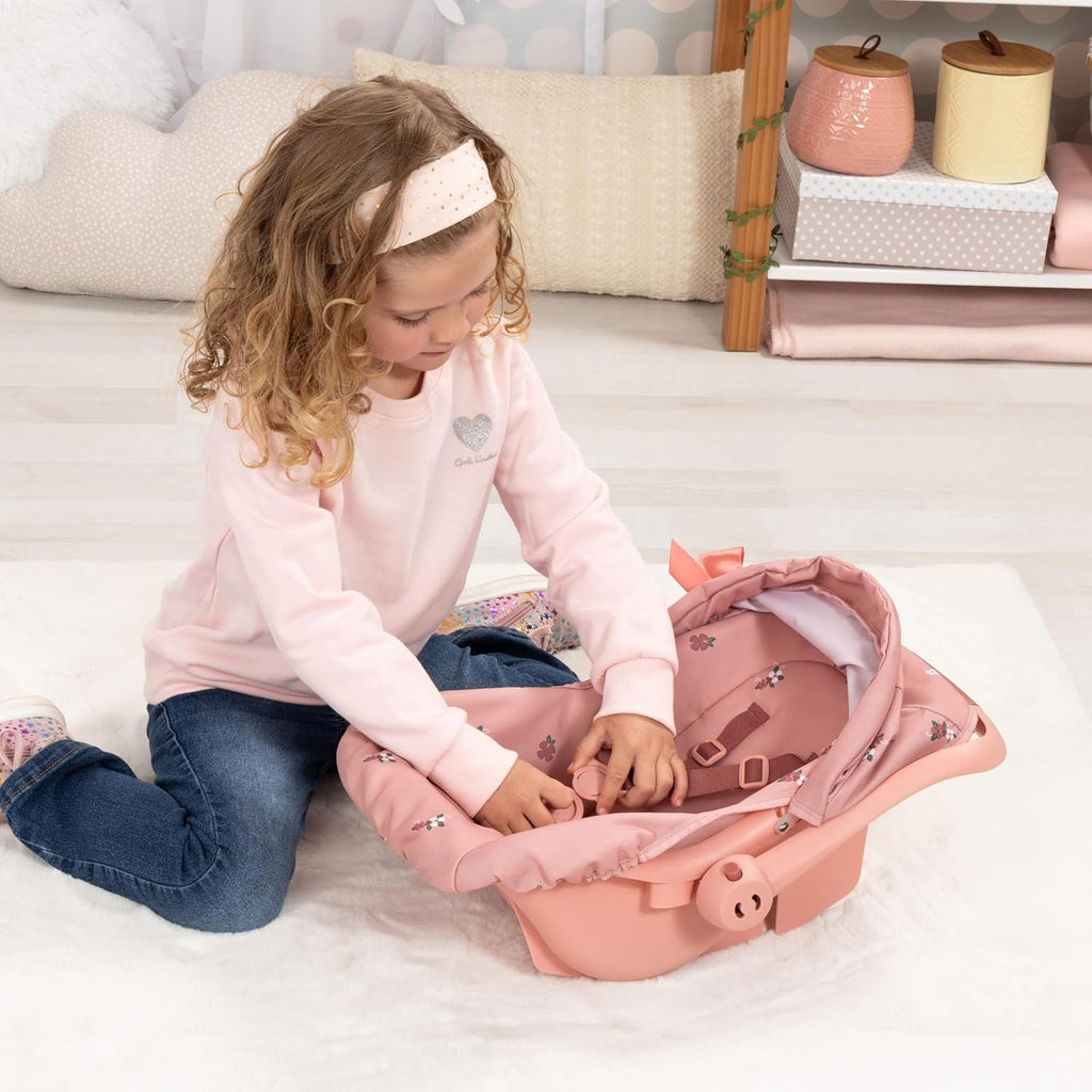 Design: Doll Deluxe Car Seat - Coral Pink Floral - Portable Travel Carrier for Dolls Up to 18", Sunshade & Carry