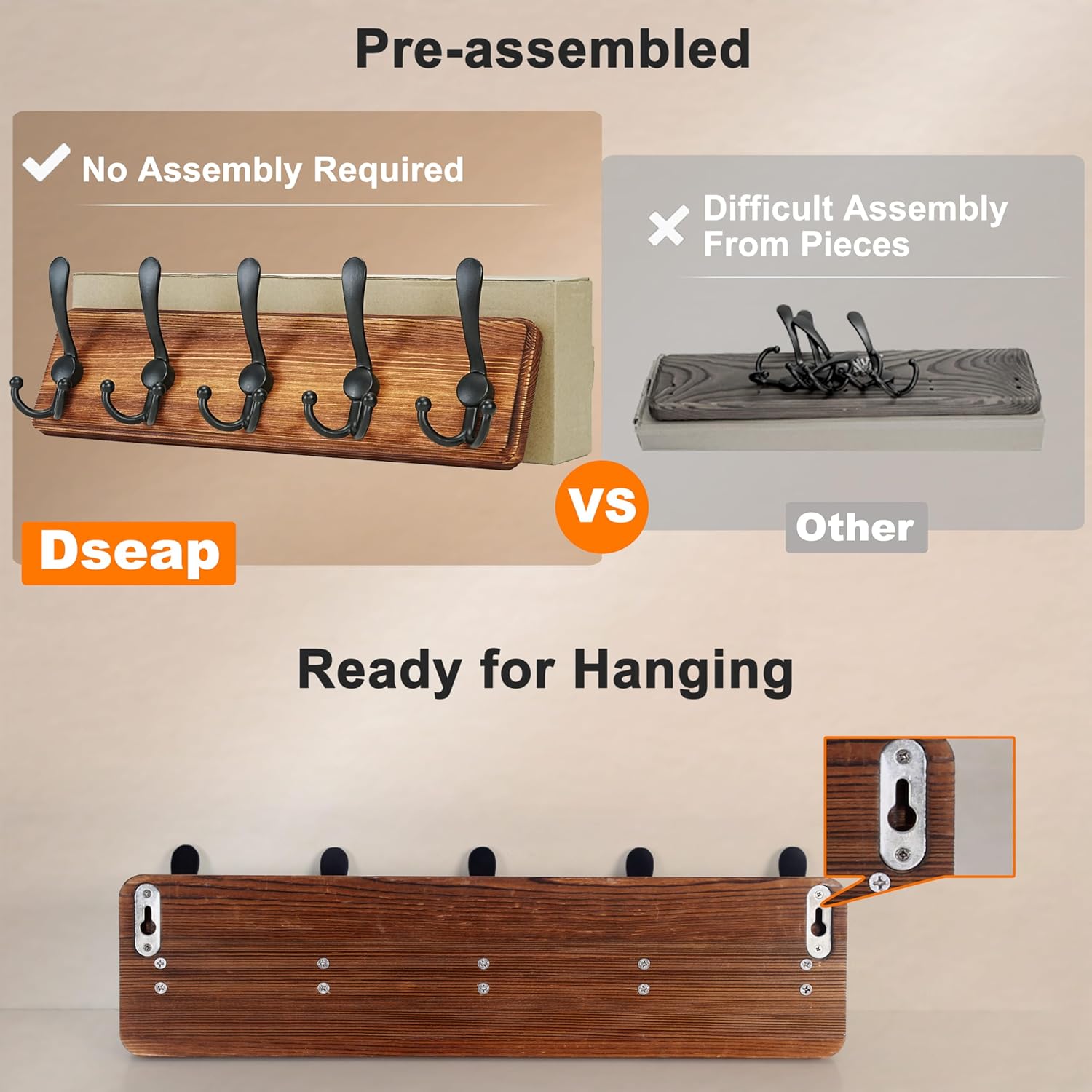 Coat Rack Wall Mounted - 5 Tri Hooks, Heavy Duty, Wooden Wall Coat Hanger Coat Hook for Clothes Hat Jacket Clothing