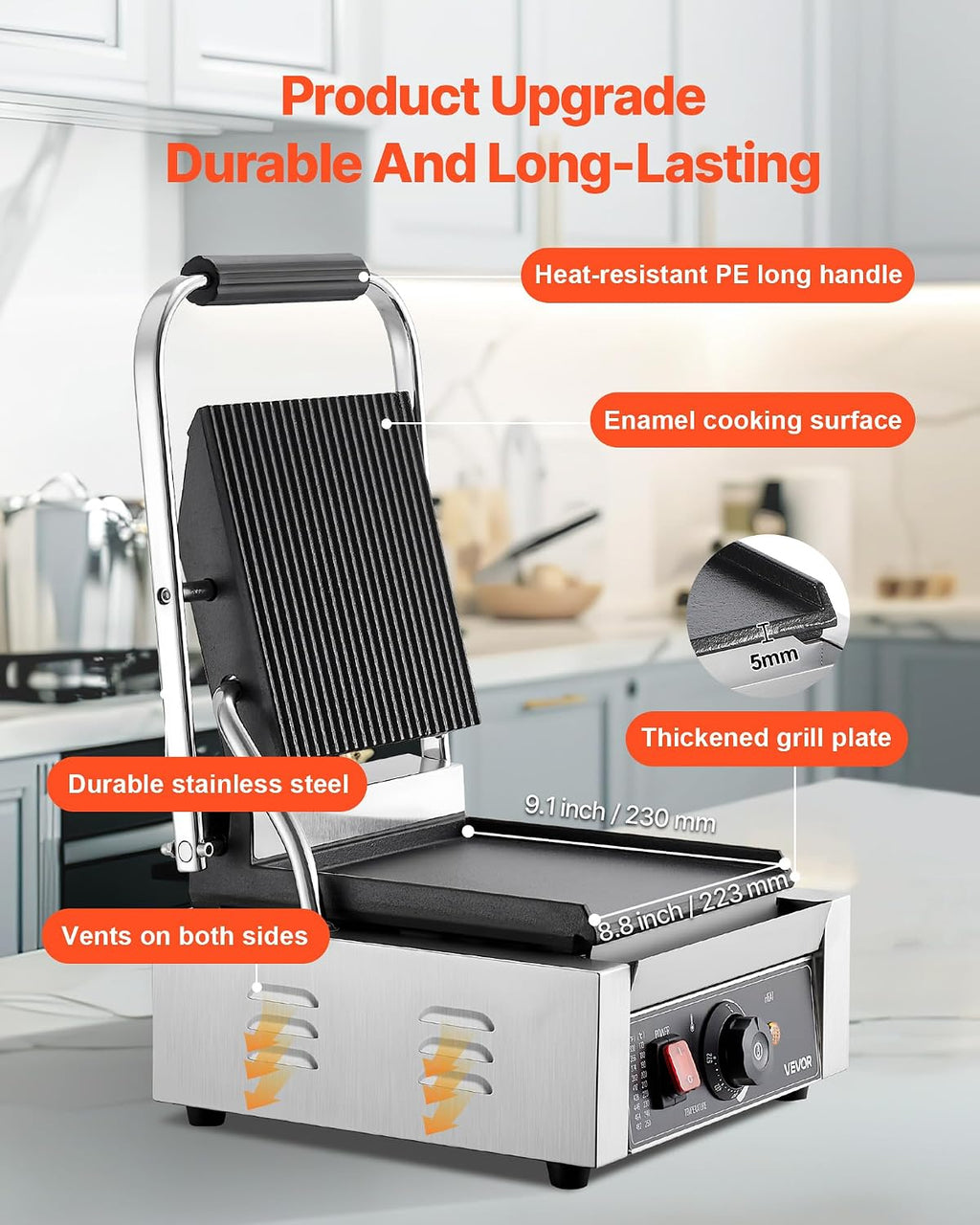 Commercial Panini Grill, 1800W Electric Sandwich Panini Maker, Stainless Steel Sandwichs Press Grill with Handle and