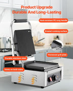 Commercial Panini Grill, 1800W Electric Sandwich Panini Maker, Stainless Steel Sandwichs Press Grill with Handle and