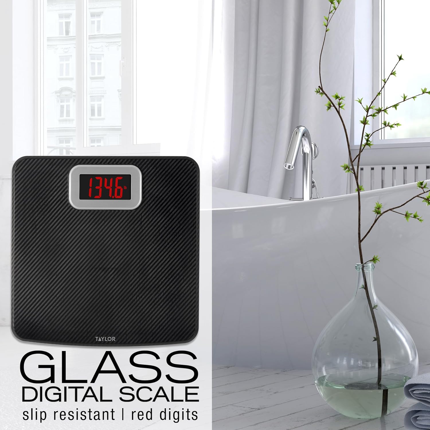Digital Bathroom Scale, Body Weight Scale 400 LB Capacity, Carbon Fiber Anti-Slip Mat, 11.8 x 11.8 Inch Platform, Black