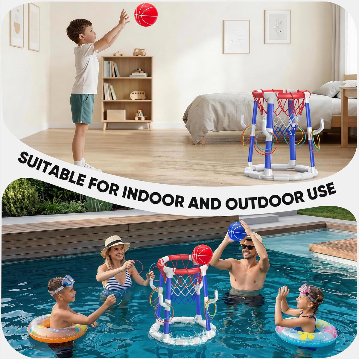 Pool Basketball Hoop Pool Games Pool Toys Ring Toss Game with 2 Basketballs Floating Basketball Hoop for Pool for