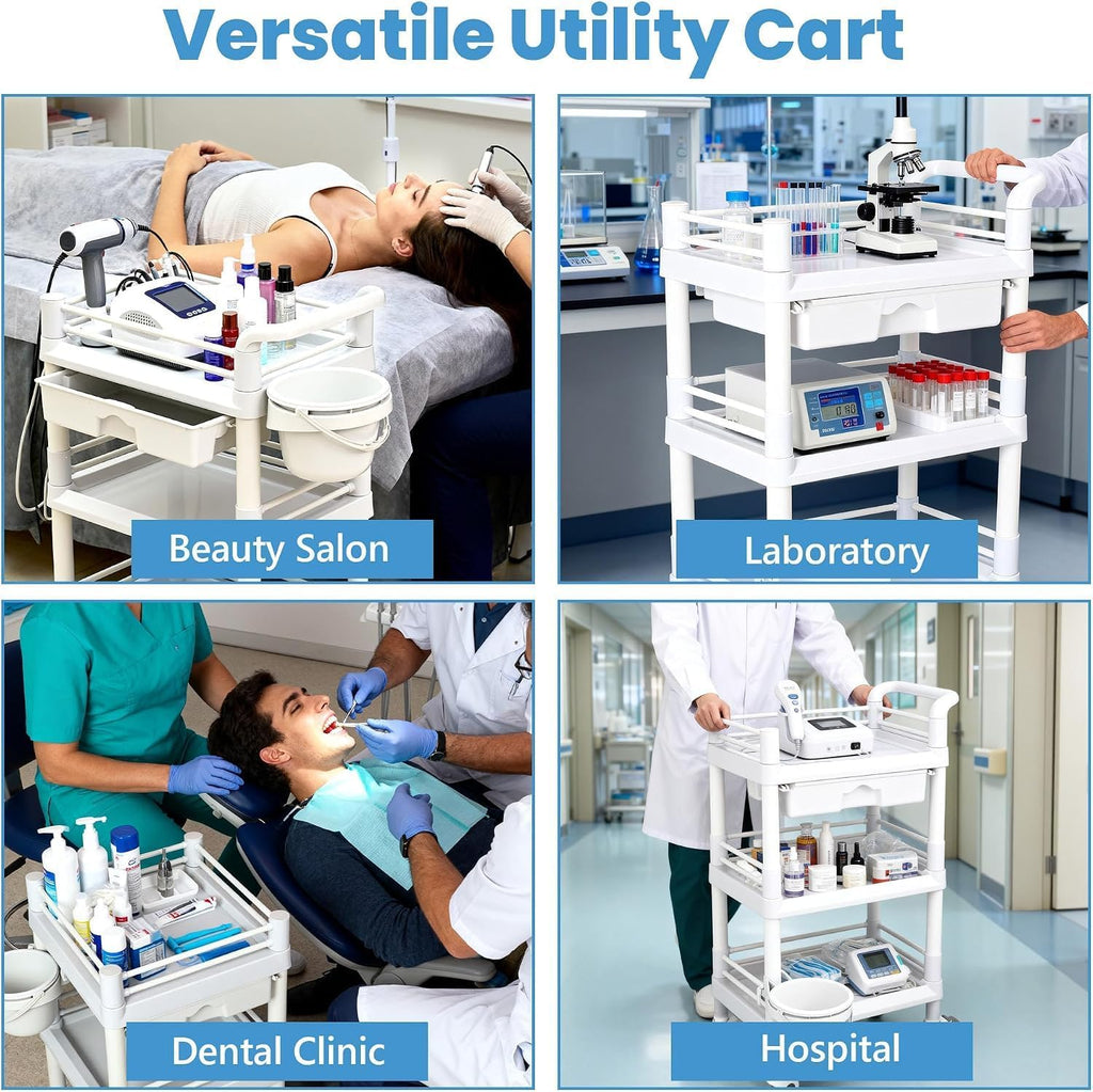 3 Tier Rolling Medical Cart, Utility Trolley with Drawer & Wheels | Mobile Beauty Salon Cart with Wheels for Spa