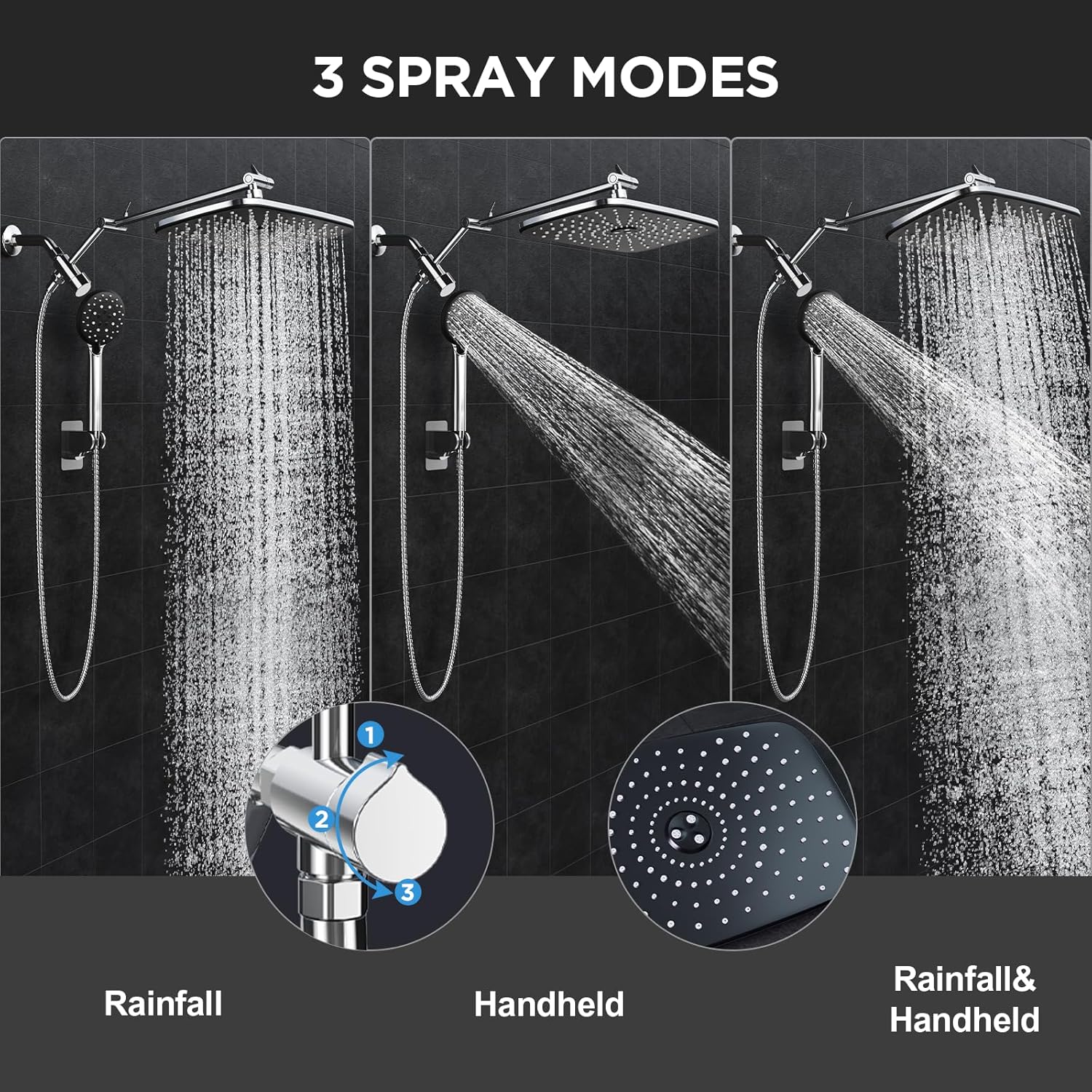 11.8" High Pressure Shower Head with Handheld, Metal Core Fittings | Handheld Shower Heads with Multi Spray Modes