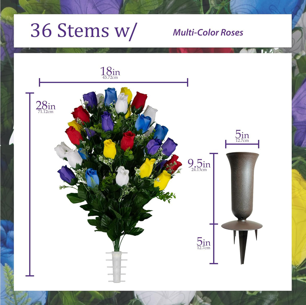 Artificial Cemetery Flowers - Gravesite Flowers - Multi Color Roses - (1) Headstone Flower Saddle & (1) Matching
