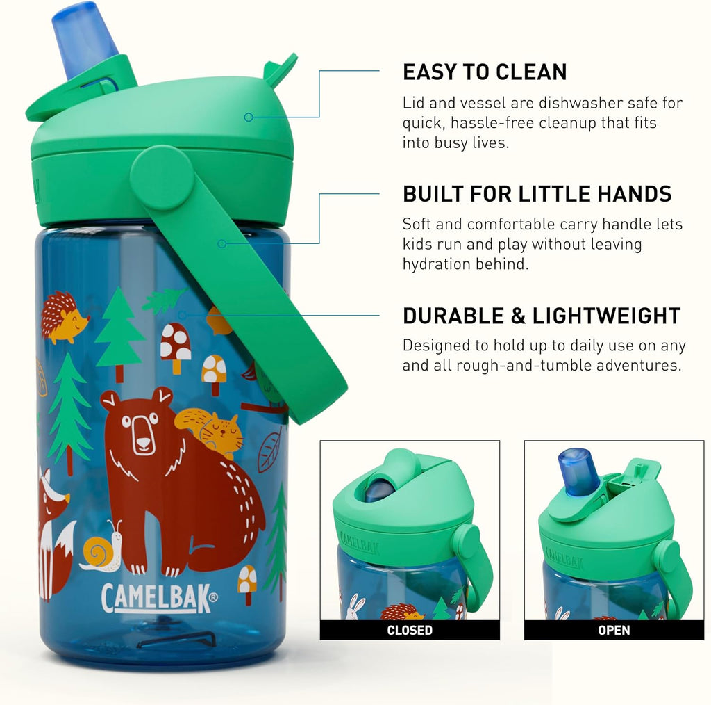 Thrive Flip Straw Kids Water Bottle with Bite Valve, Tritan Renew Design for School and Travel, 14oz, Friendly Forest