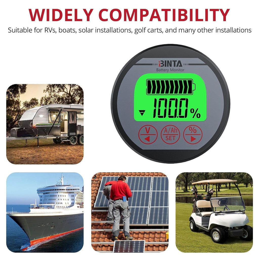 Battery Monitor with Shunt 8-120V 0-500A Voltmeter Ammeter Backlight | Voltage Current Meter, Waterproof Battery