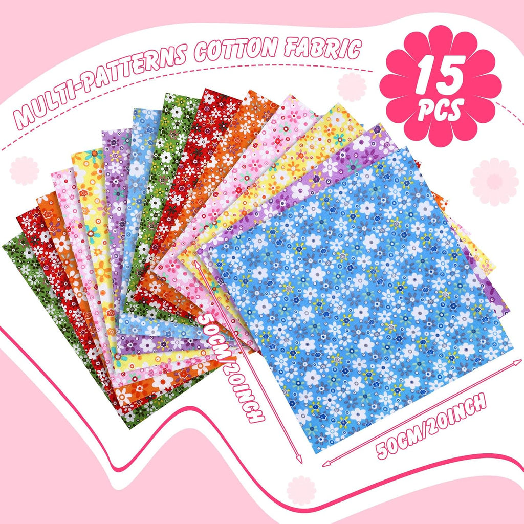 15 Pcs 20 x 20 Cotton Fabric Floral Square Quilting Patchwork Flower Fabric Fat Quarter Colorful Printed Square