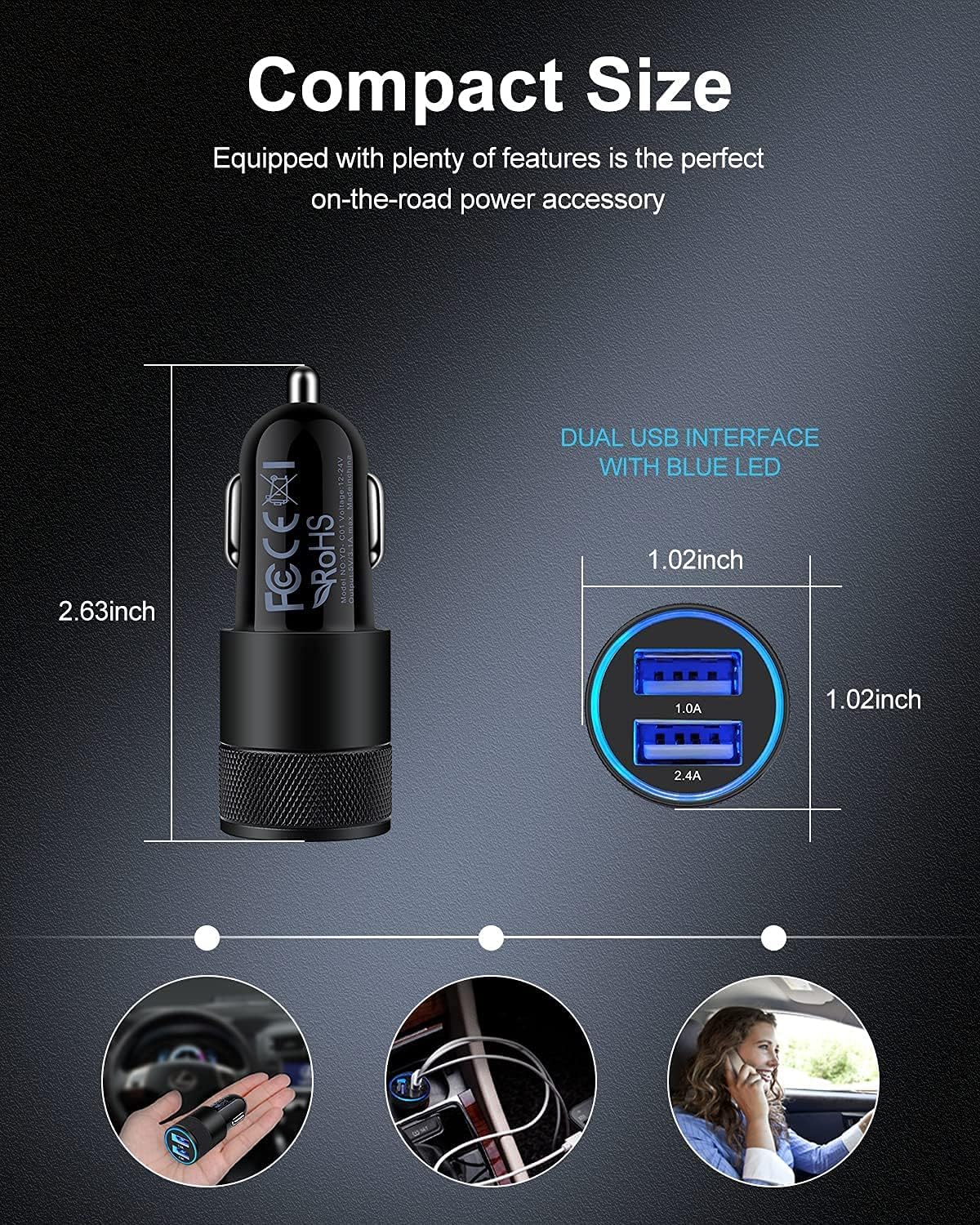 Car Charger, [2Pack/3.4a] Fast Charge Dual Port USB Cargador Carro Lighter Adapter for iPhone 15 14 13 12 11 Pro Max