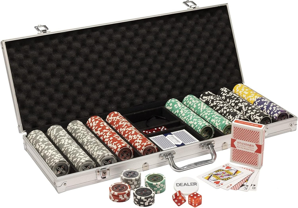 14 Gram 500 Count Poker Set - The Ultimate - 14G Clay Composite Chips with Aluminum Case, Playing Cards, Dealer