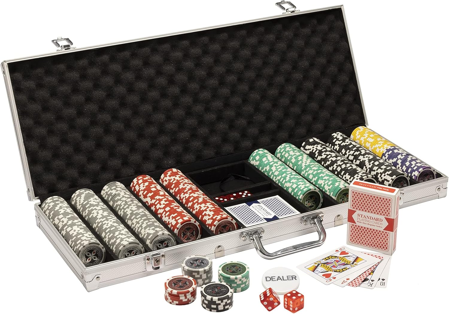 14 Gram 500 Count Poker Set - The Ultimate - 14G Clay Composite Chips with Aluminum Case, Playing Cards, Dealer
