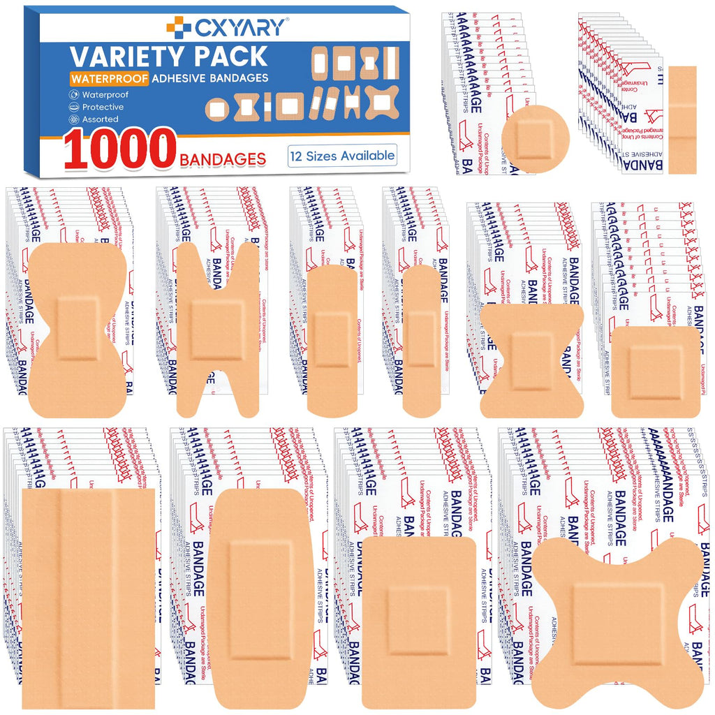 1000 Counts Assorted Bandages Bulk Variety Pack 12 Styles Waterproof