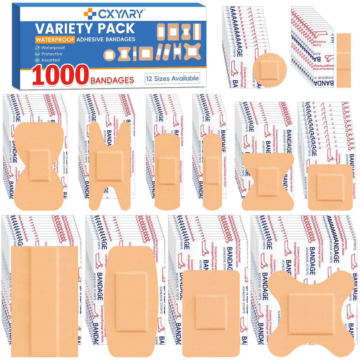 1000 Counts Assorted Bandages Bulk Variety Pack 12 Styles Waterproof