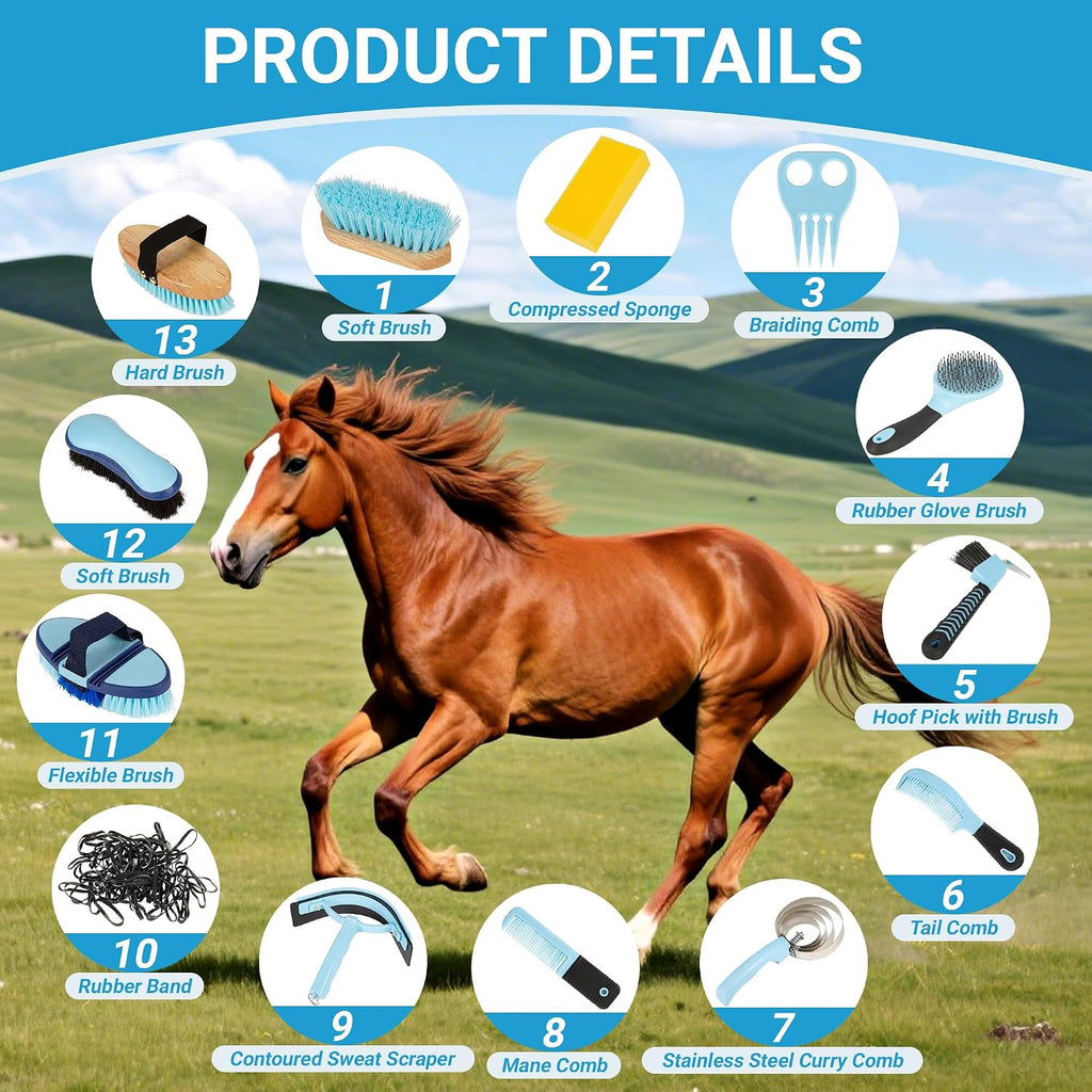 Horse Grooming Kit, 14-in-1 Professional Horse Brush Supplies Set for Grooming & Care, with Horse Brushes, Curry