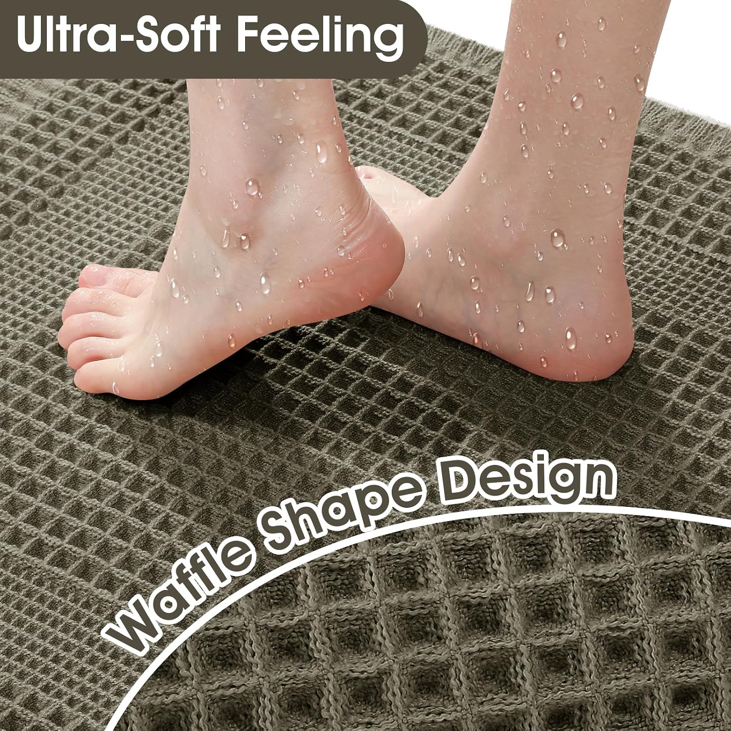 Upgraded Waffle Bath Mat Set 3 Piece Greyish Green-Looped, Super Absorbent Non-Slip Quick Dry Bathroom Rugs with