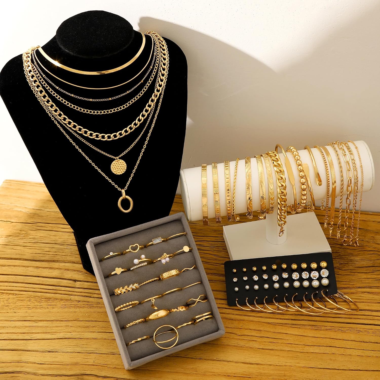 68 Pcs Gold Jewelry Set for Women with 7 Necklace, 17 Bracelet, 5 Hoop Earrings, 15 Stud Earrings, 24 Knuckle Rings
