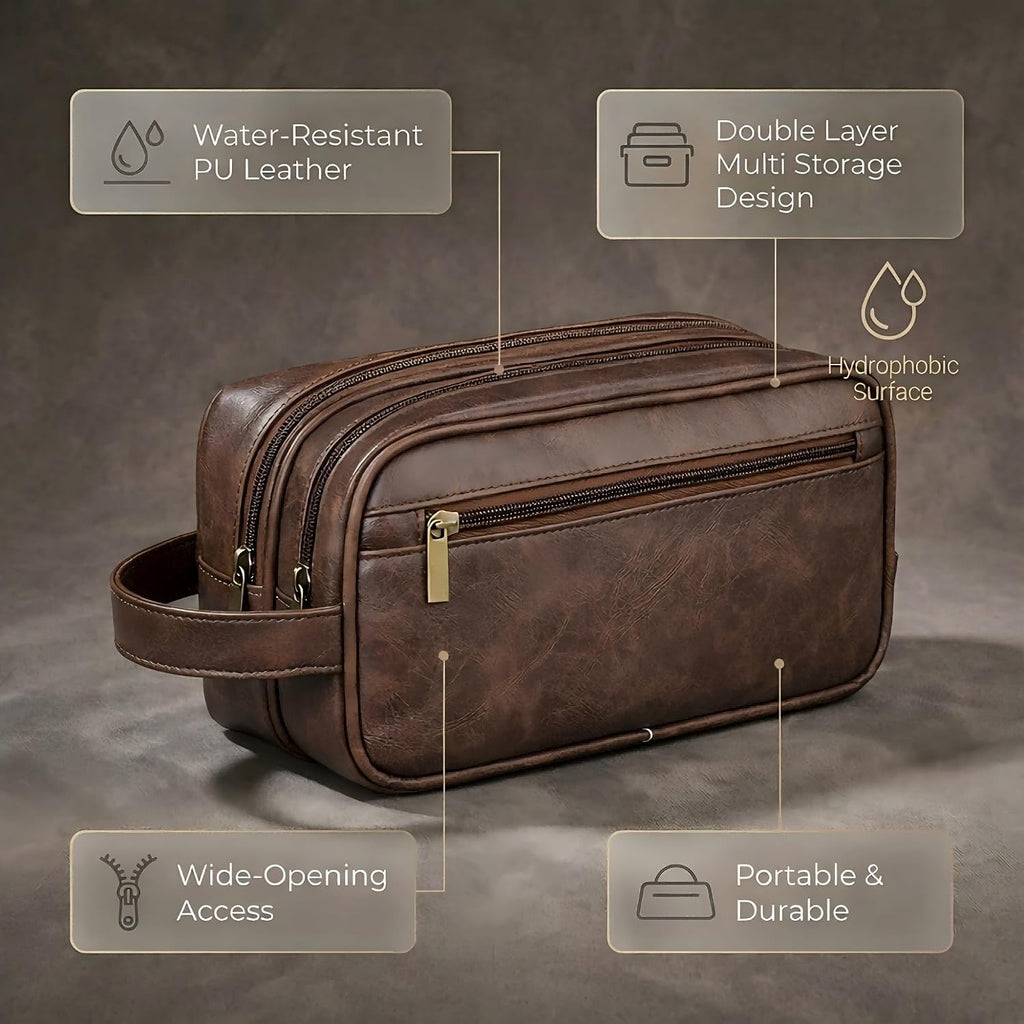 Men’s Toiletry Bag Travel Dopp Kit–double-deck PU Leather Water-Resistant Shaving Organizer Large Capacity, Double