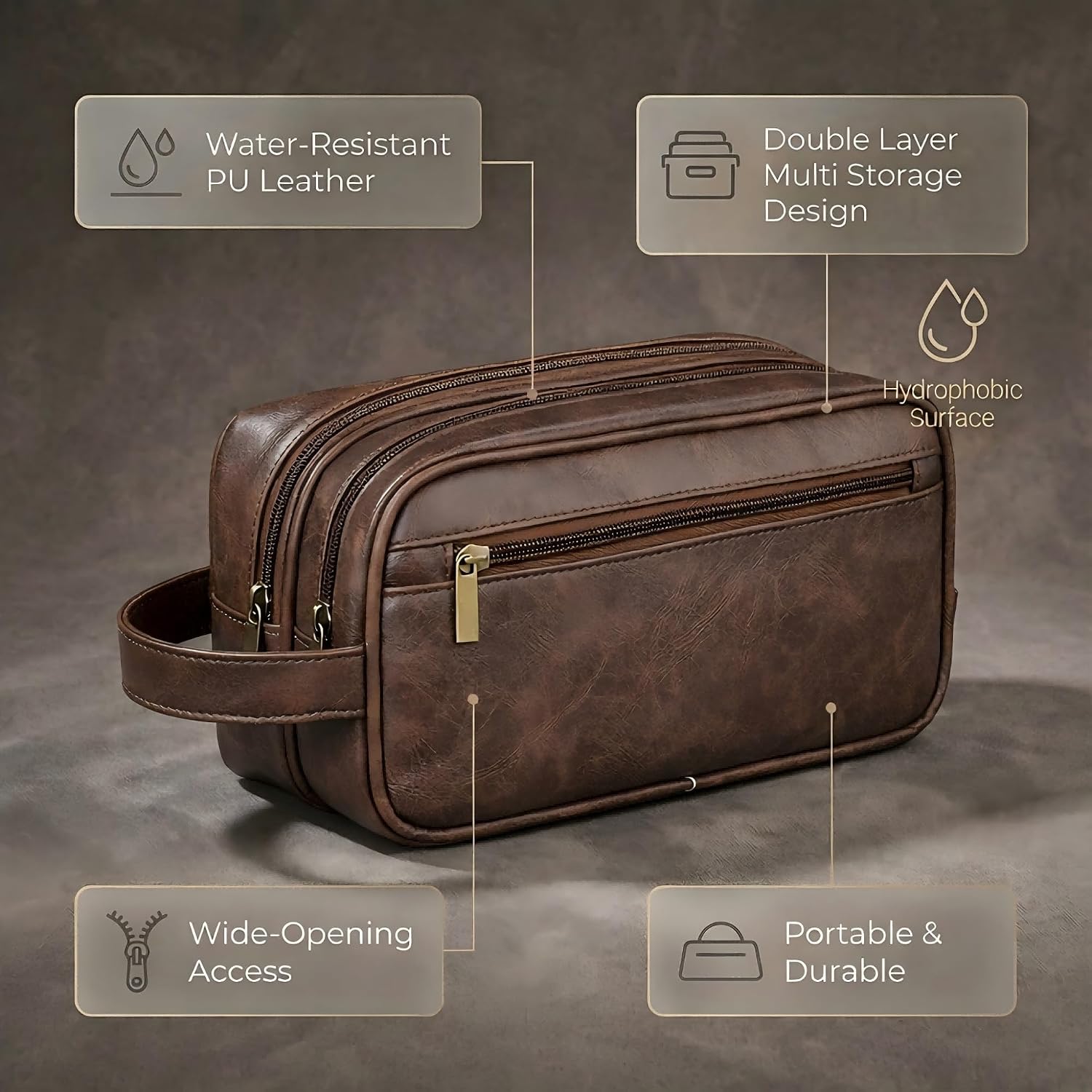 Men’s Toiletry Bag Travel Dopp Kit–double-deck PU Leather Water-Resistant Shaving Organizer Large Capacity, Double