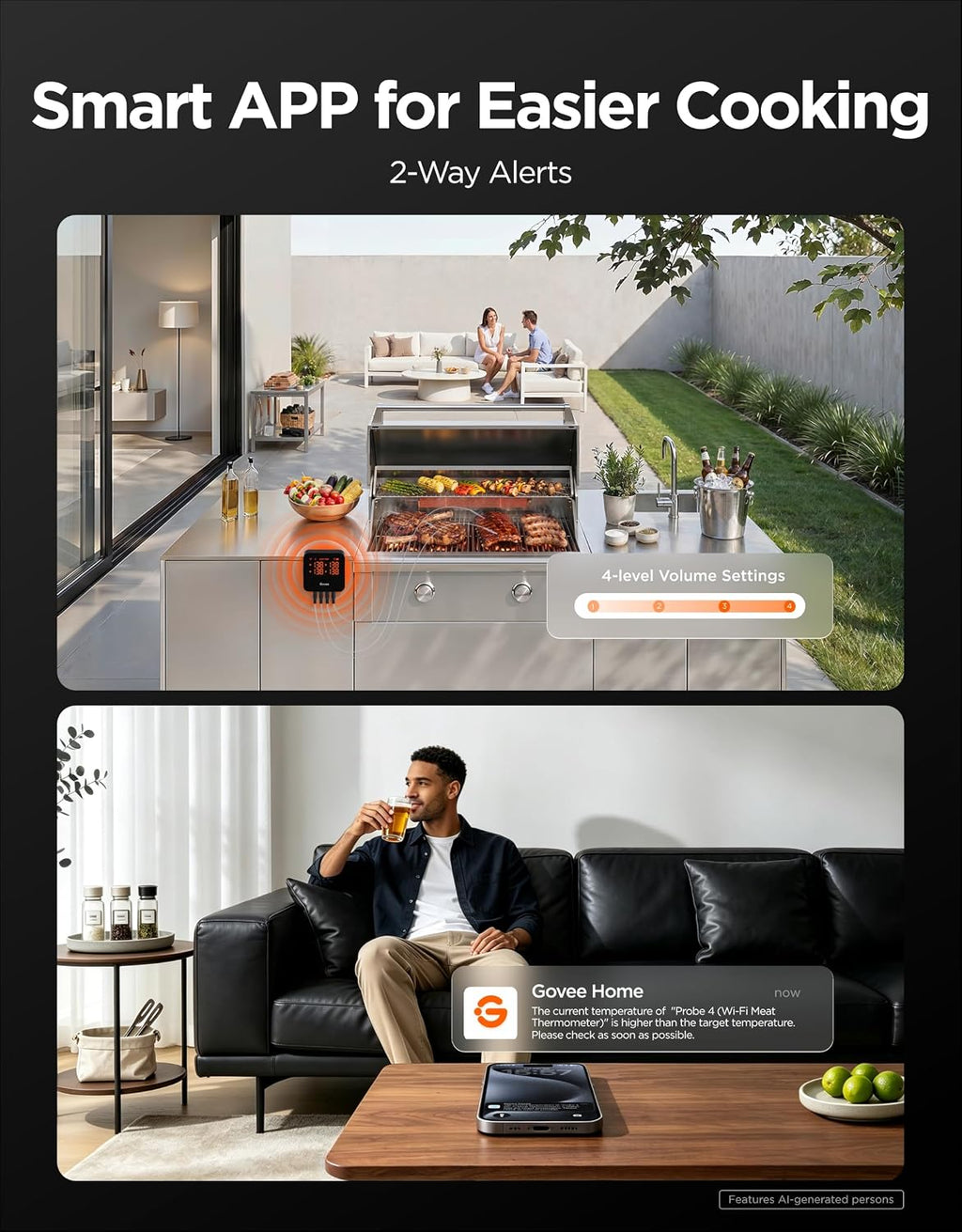 WiFi Meat Thermometer Digital with 4 Probe, App Notification Alert