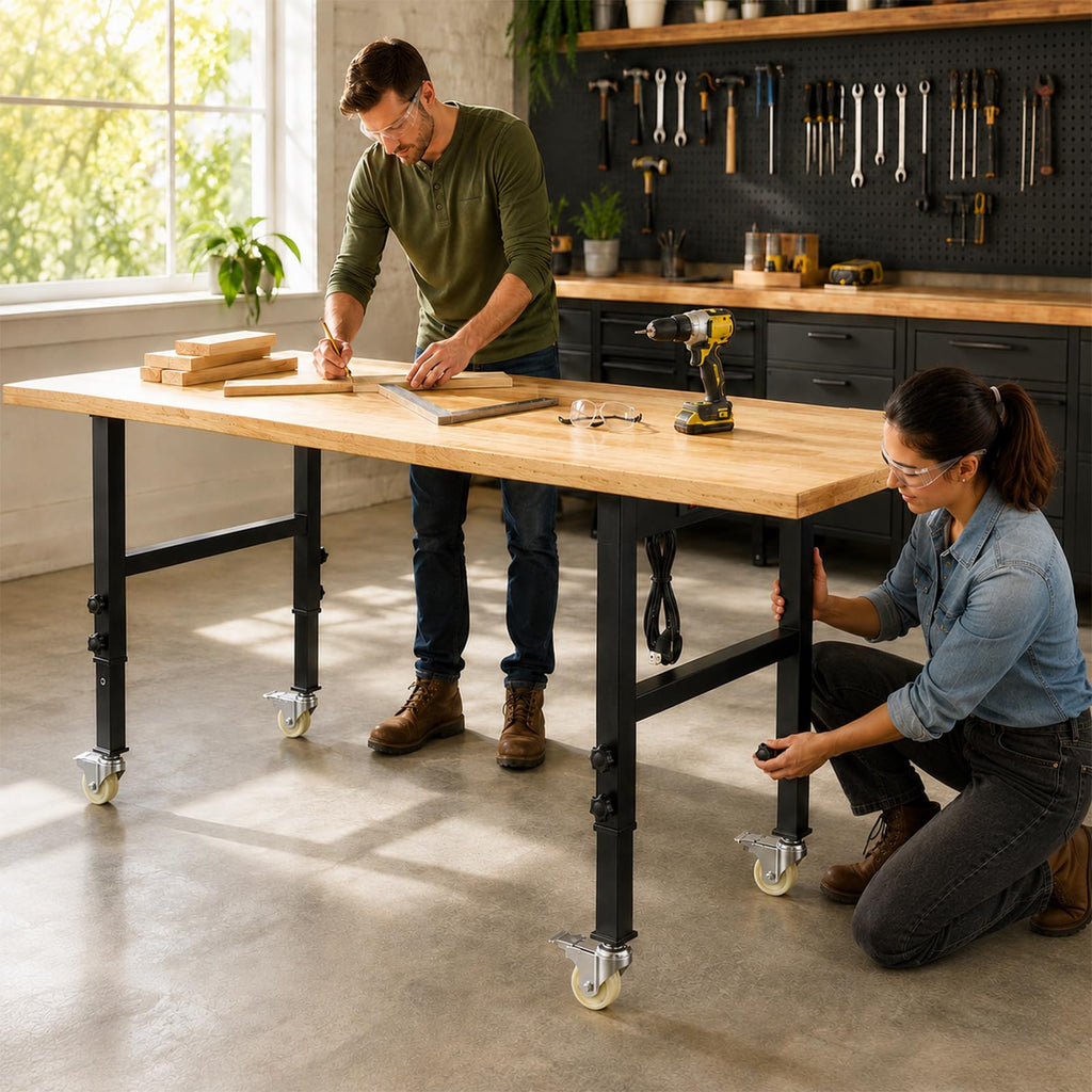 60" Rolling Workbench with Power Outlet, Solid Wood Heavy-Duty Work Bench