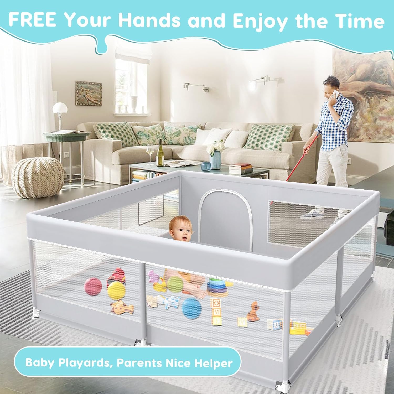 Baby Playpen, 50x50 Inch Baby Playard for Babies and Toddlers, Play Pens for Indoor & Outdoor, Sturdy Safety Play