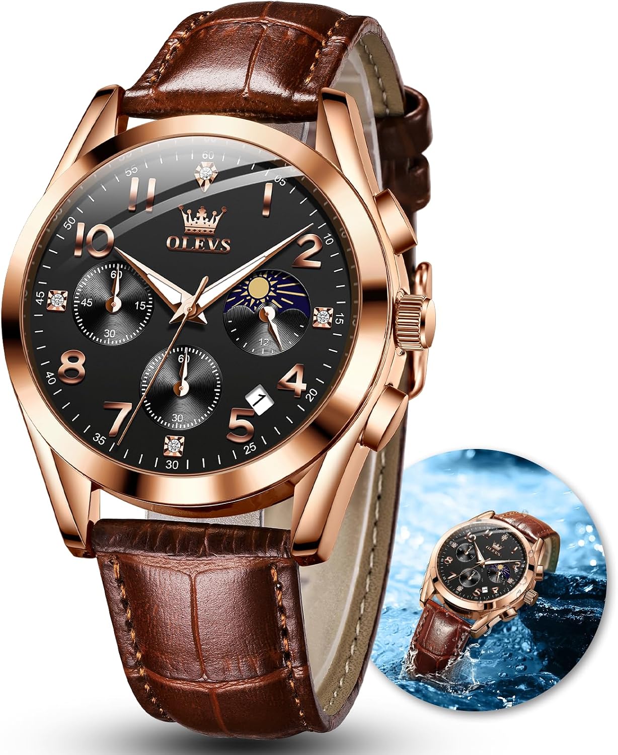 Men's Watches Brown Leather with Date,Casual Watches for Men,Large Face Watches Men,Chronograph Mens Watch,Sport