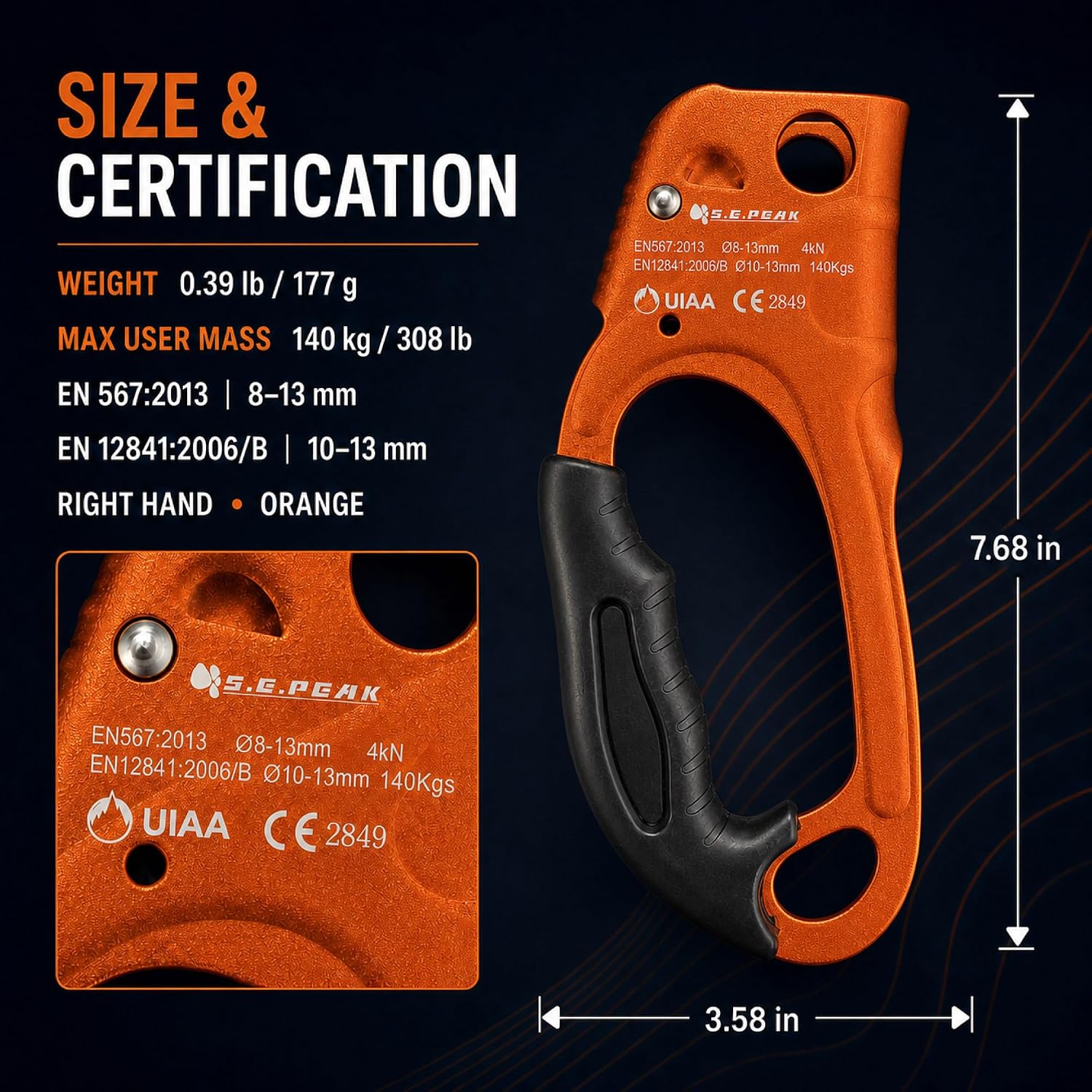 UIAA & CE Certified Climbing Rappelling Equip Hand Ascender Left Right Hand for 8-13mm Rope 4kN