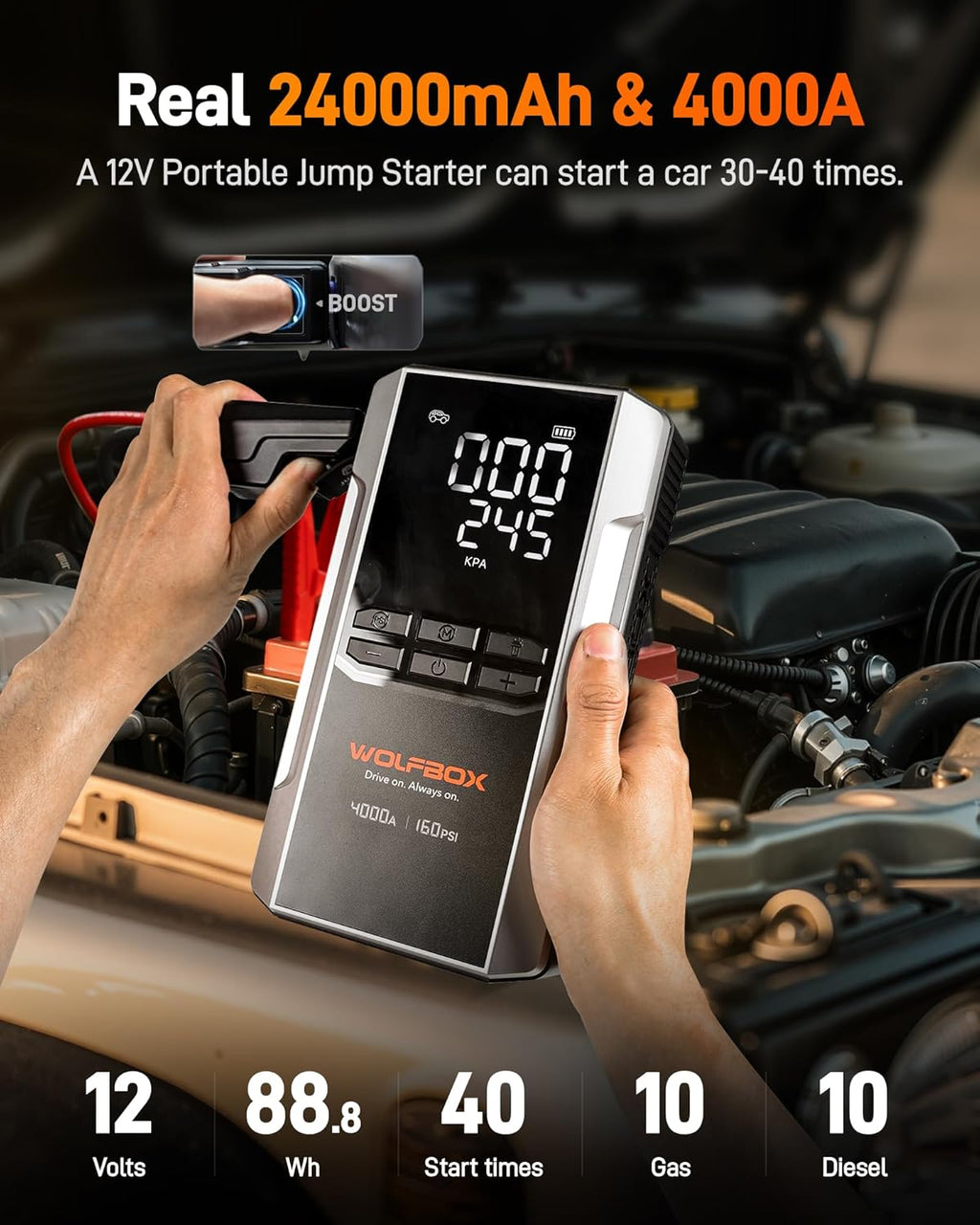 4000A Jump Starter with 160PSI Air Compressor, 12V Car Battery Booster, 88.8Wh Portable Jump Box (10.0 Gas/10.0L