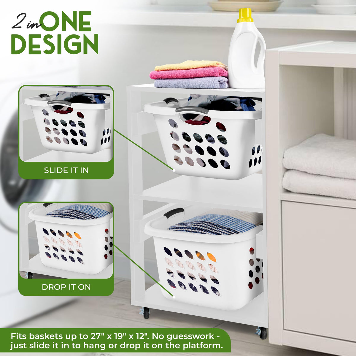 Laundry Basket Holder Shelf, Stackable Laundry Sorter, White, 2 Tier
