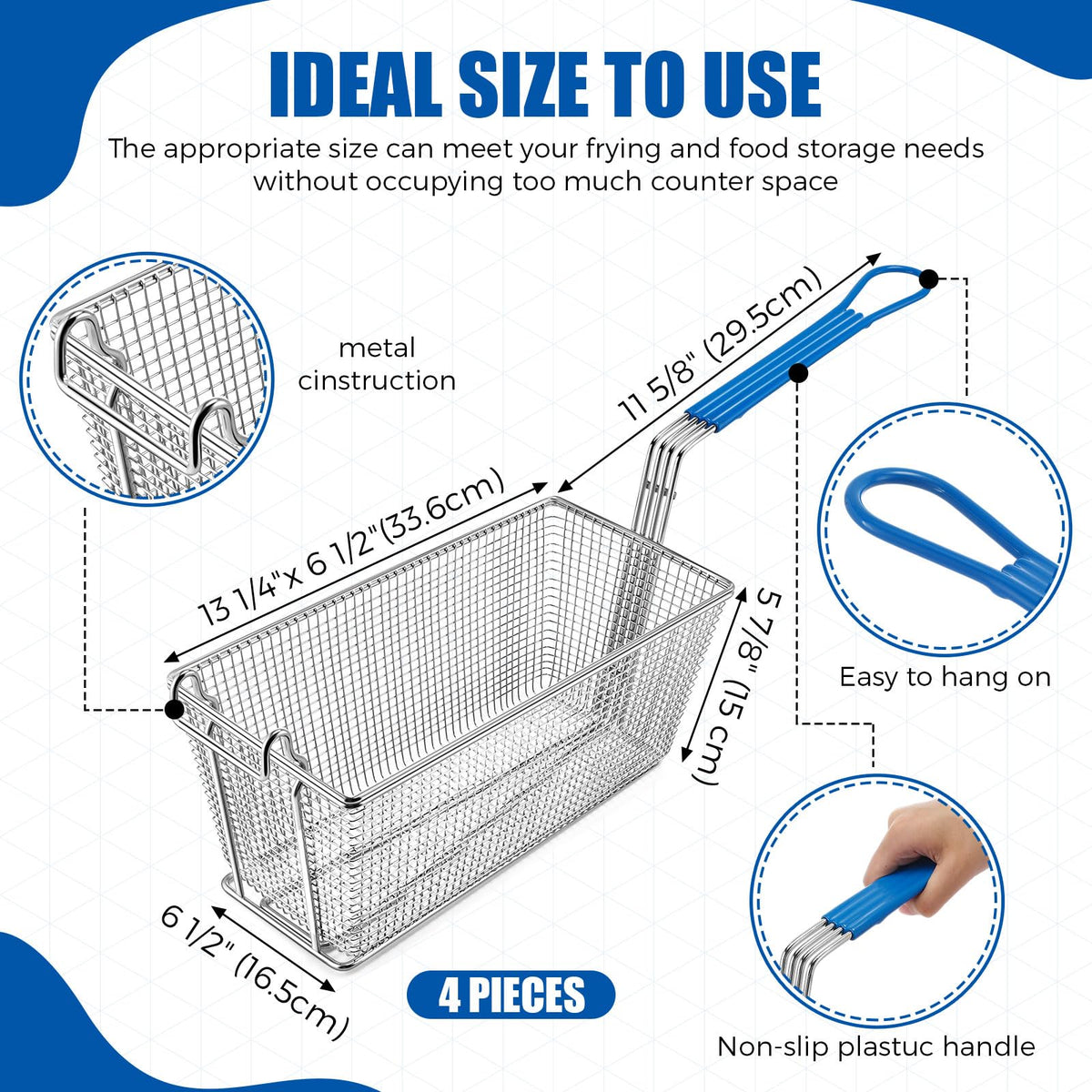 Umigy 4 Pcs Deep Fryer Basket 13 1/4" x 6 1/2" x 6" with Non-slip Handle Heavy Duty Plated Iron Construction Front Hooks Non-slip Handle for Restaurant Kitchen Chip Fish Commercial Fryer Basket