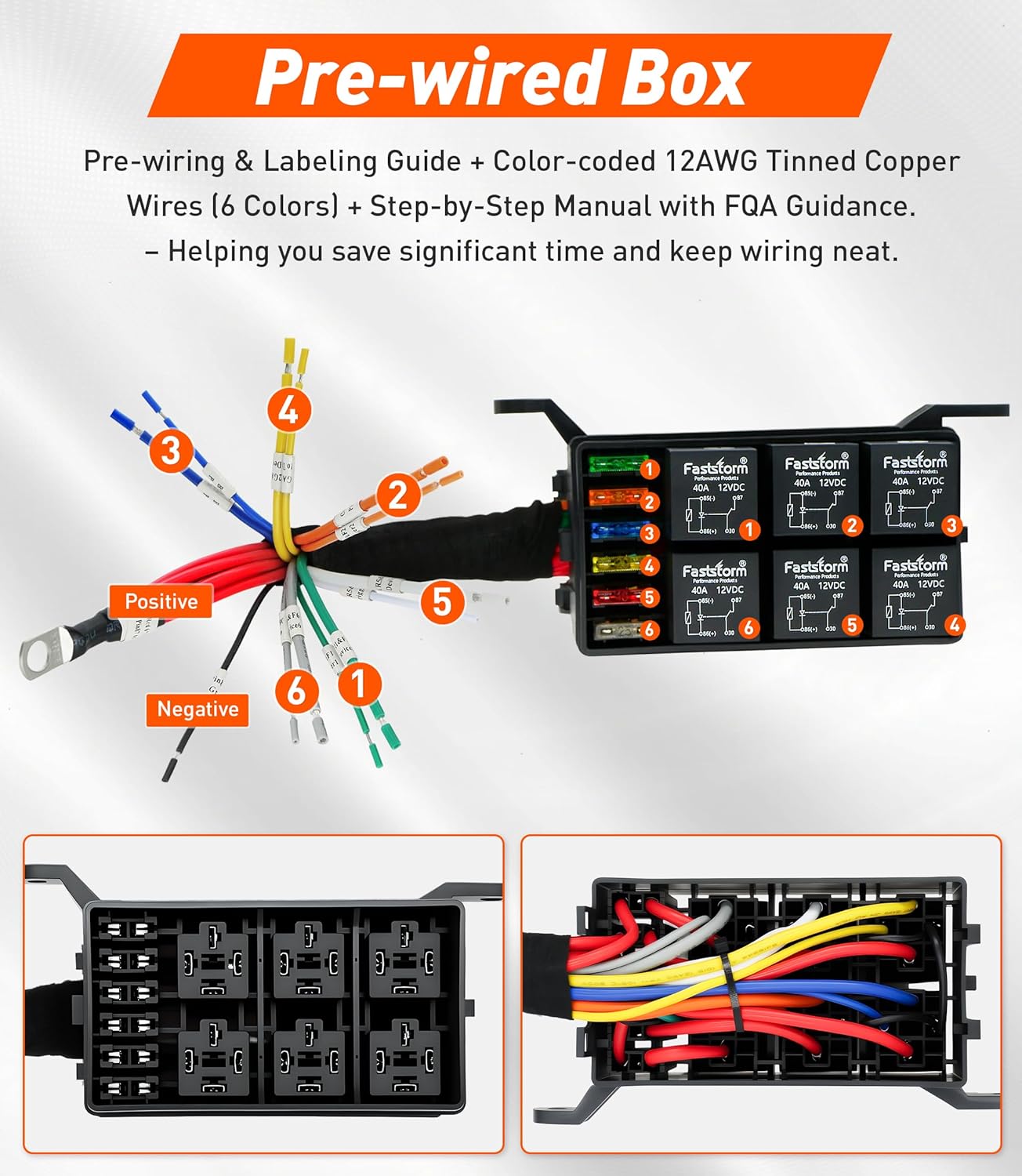 Fuse Relay Box, Relay Block Box Built-in Diodes 6 Way 12 AWG Pre-Wired Waterproof Relay Panel with Relays and