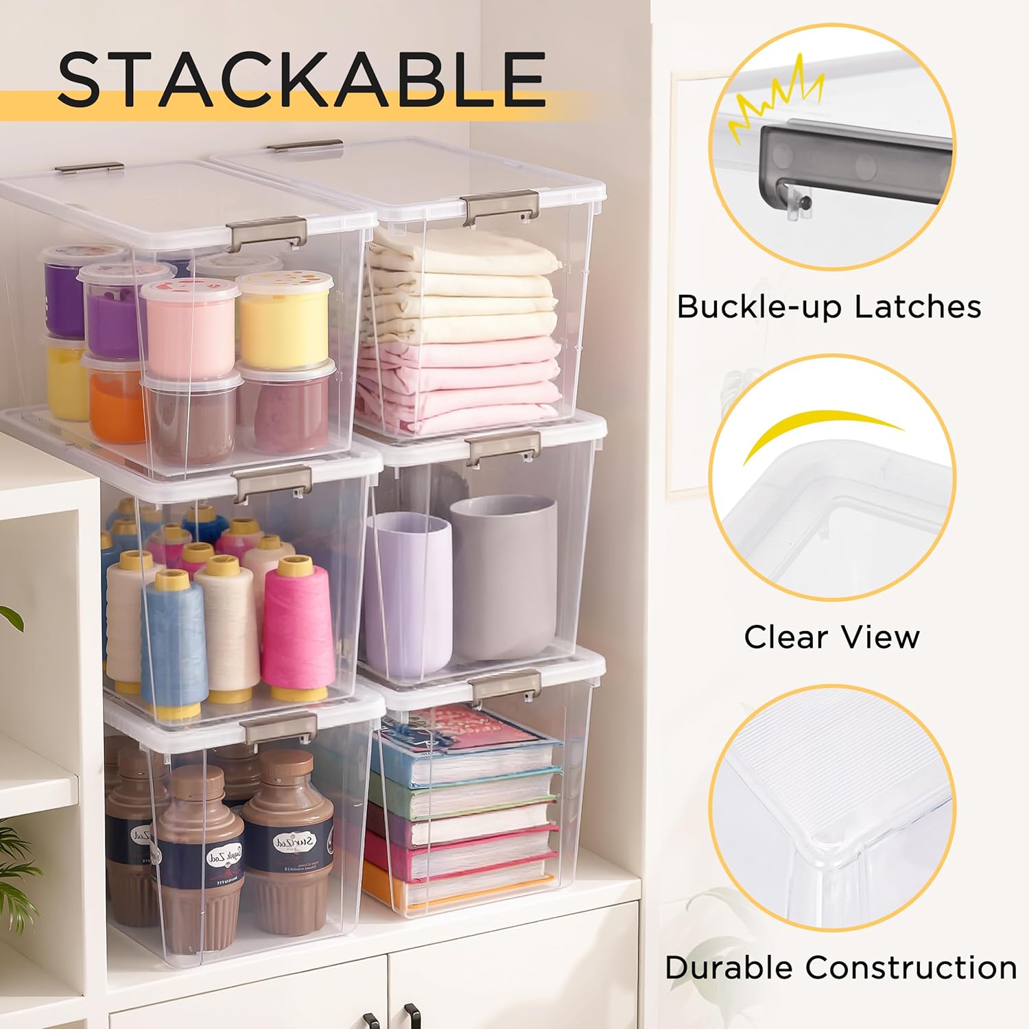 7.8 QT 6 Pack Small Storage Bins Plastic Storage Container Stackable Box with Lids for Organizing, Clear White